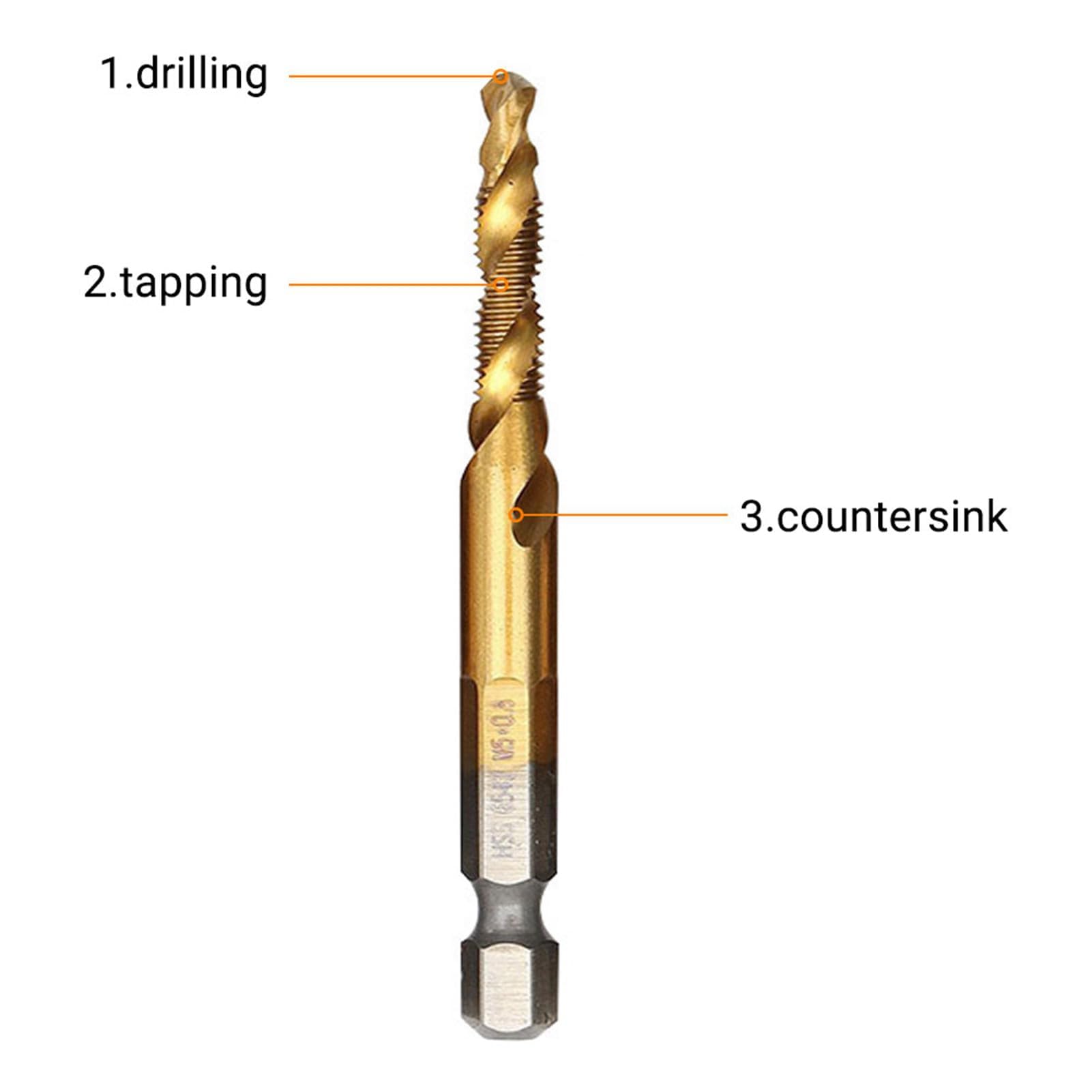 Set di 6 punte per trapano e maschiatura, filettatura metrica M3-M10, codolo esagonale 6 mm HSS placcato in titanio
