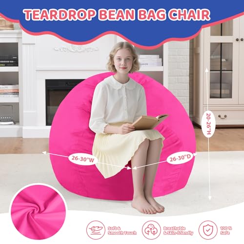 2FT Bean Bag Chair, Comfy Bean Bag Chairs with Memory Foam Filled, Fluffy Beanbag Sofa with Dutch Velvet Cover, Teardrop BeanBag Chairs for Living Room, Playroom - Pink