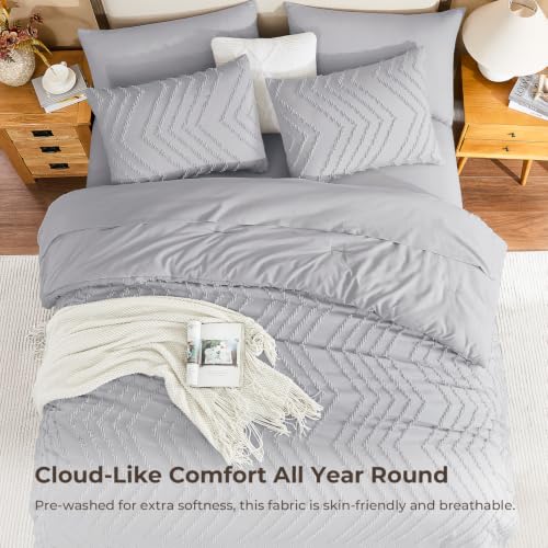 Image of Litanika Light Grey Queen Size Comforter Set with Sheets - 7 Pieces Bed in a Bag Queen Boho Tufted Complete Bedding Sets with Comforter, Sheets, Pillowcases & Shams