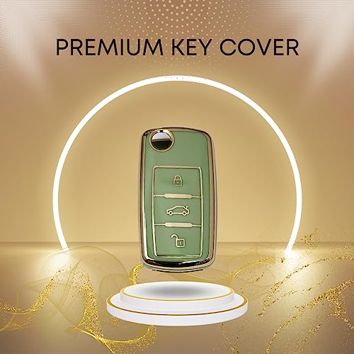 Image of KEYCEPT TPU Key Cover Compatible for Skoda Octavia, Laura, Superb, Fabia, Rapid, Polo, Vento, Jetta, Ameo, Passat 3 Button Remote flip Key (Type 1, Green).