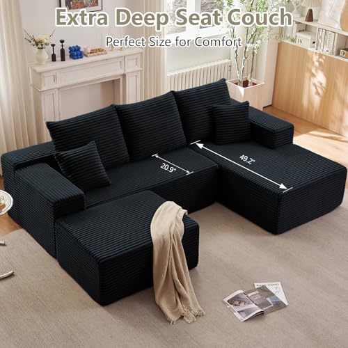 Image of Lakifun 107 inch U-Shape Cloud Couch, Modern Modular Sectional Comfy L-Shape Sofa with Ottoman, Deep Seat, Upholstered Corduroy Sleeper Chaise Longue for Living Room Bedroom, No Assembly Required, Black