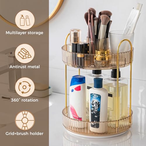 Image of 360 Rotating Makeup Organizer, Upgraded 2 Tier Skincare Perfume Organizers for Women, Bathroom Organizer Countertop, Clear Cosmetic Dresser Organizer with Makeup Brush Holder, Sink&Counter(Amber)