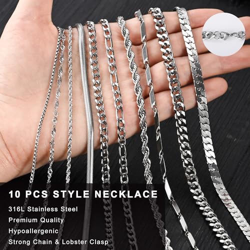 ELLEWIN 10 Pcs Chains for Men Silver Necklace Stackable Stainless Steel Chains Set Mens Jewelry Set Cross Cuban Link Figaro Chain4