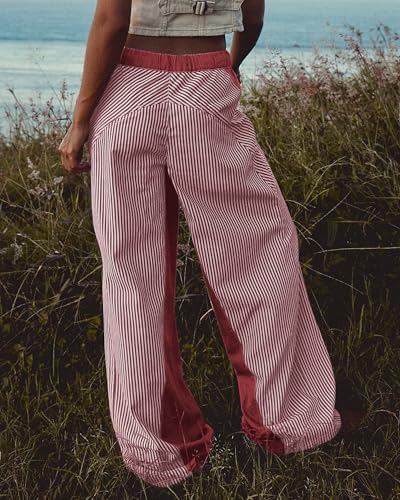 Image of PEIHOT Low Rise Striped Pants for Women Pull On Drawstring Boho Wide Leg Jeans Trendy 2026