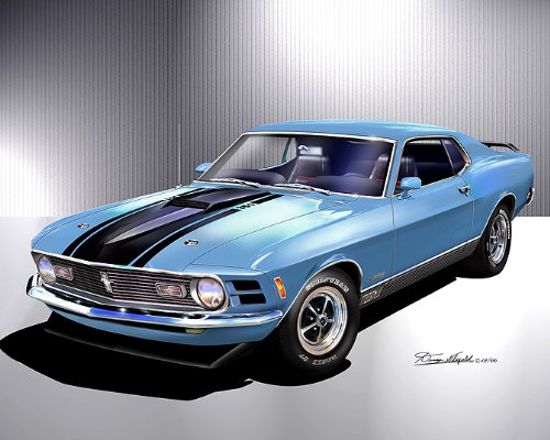 1970 FORD MUSTANG MACH-1 medium blue CAR ART PRINT POSTER - size 14 x 18