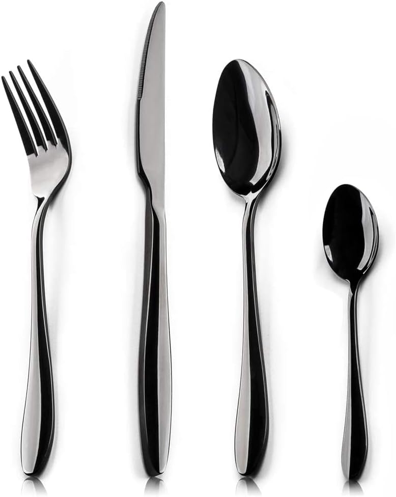 HaWare 24 Piece Black Cutlery Flatware Set, Stainless Steel Silverware with Knife Spoon Fork, Service for 6, Mirror Finish, Dishwasher Safe