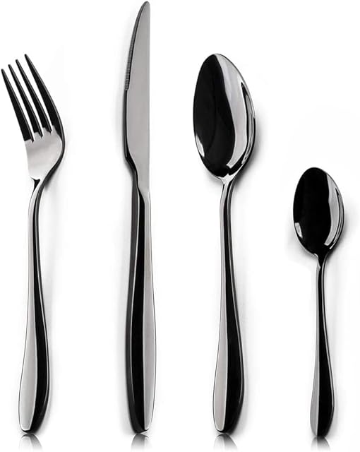 24 Piece Black Cutlery Set Flatware Sets, HaWare Stainless Steel Silverware with Knife Spoon Fork, Service for 6, Mirror Finish, Dishwasher Safe ( Classical Black, 6 Sets)