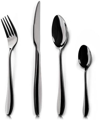 HaWare 24 Piece Black Cutlery Flatware Set, Stainless Steel Silverware with Knife Spoon Fork, Service for 6, Mirror Finish, Dishwasher Safe