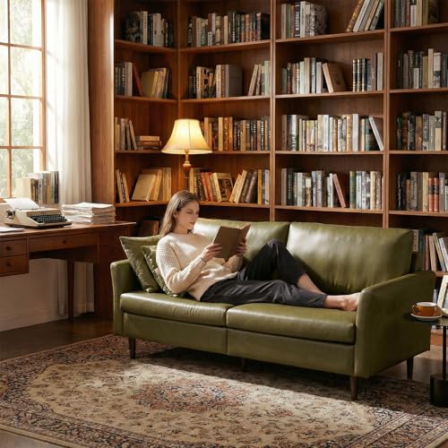 Image of Kingfun 80 inch Faux Leather Sofa Couch, Mid Century Modern Leather Couch with Rolled Arms and Deep Seats, Brown Leather Sofa for Living Room, 3-Seater Couch for Apartment, Office and Bedroom, Olive Green