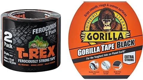 T Rex Tape Ferociously Strong Waterproof Graphite Grey Duct Tape, 48mm x 10.9m Twin pack. A high strength duck or gaffer cloth adhesive repair tape Bundle with Gorilla Tape Black 11m