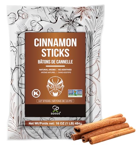 Soeos Cinnamon Sticks, 16 oz (454g), 3.5' Length, 100% Raw, Non-GMO, Kosher Certified, Whole Cinnamon Sticks Seasoning Spice for Coffee, Baking, Cooking and Beverages