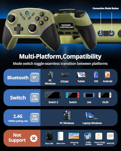 Image of Multi-Platform Wireless Controller, PC Gaming Controller with 2.4G Adpater /Hall Joysticks /Hall Triggers /1200 mAh Battery /4 Programmable Buttons /RGB Lighting, Compatible with PC Windows 7 /8.1 /10 /11, Switch /OLED /Lite, iOS, Android, Steam-Army Green