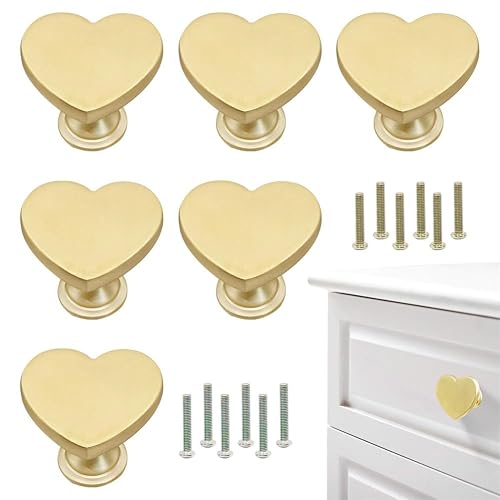 Paryou 6 Pcs Heart Shape Gold Brass Cabinet Knobs Bathroom Kitchen Drawer Handles 3cm