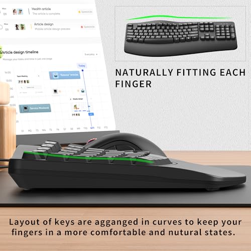 RECCAZR Ergonomic Keyboard, Wired Computer USB Keyboard with Wrist Rest, Spill-Resistant, Wave Keys for Natural Typing, Compatible with Windows/PC/Laptop(Black) - Image 5