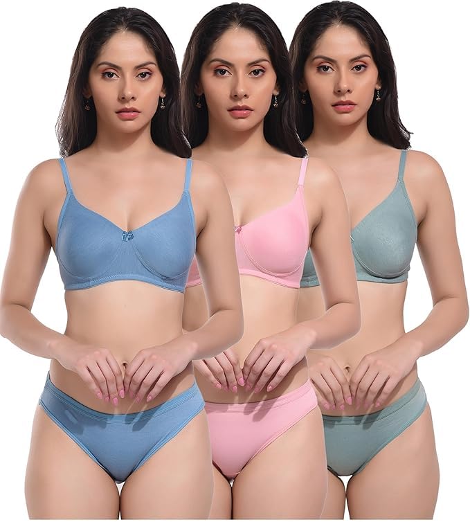 realside Women Wire-Free Sexy Lingerie Set for Bridal: Cotton Blend Bra & Panty Set with Regular Straps | Honeymoon Bikini Set for Girls & Women | Combo Pack of 3-picture-31