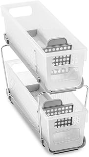 Madesmart 2-Tier Plastic Mini Multipurpose Organizer with Divided Slide-Out Storage Bins, Compact Under Sink and Cabinet Organizer Rack, Frost
