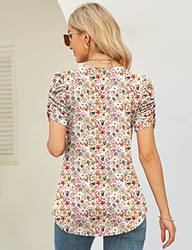 Tops To Hide Belly For Women Flower Colorful Multicolor Shirts Puffed Sleeve Tunic Blouses, S #TOP4