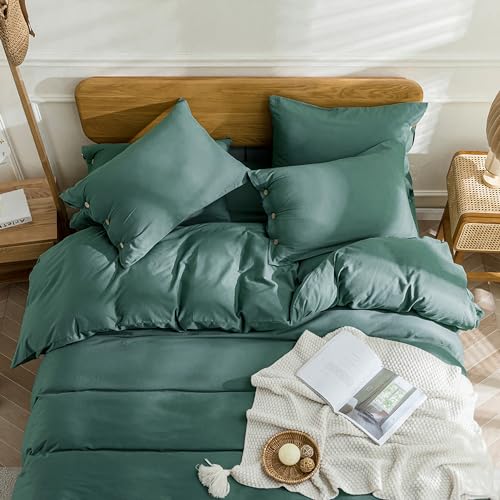 Image of JELLYMONI Cotton Duvet Cover Cal King Size - Dark Green Comforter Cover with Button 100% Washed Cotton 3PCS Breathable Soft Solid Bedding Set Duvet Cover 104x98in & 2 Pillowcases (NO Comforter)