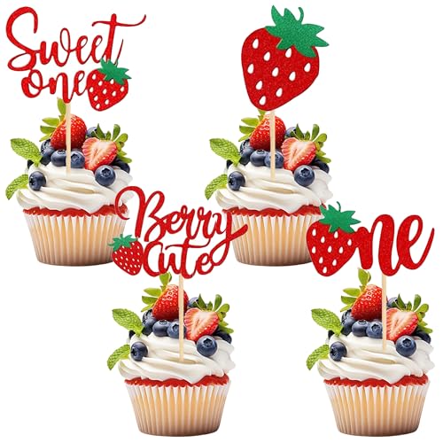 12 Pieces Sweet One Cupcake Toppers, Glitter Strawberry 1st Cupcake Topper Suitable for Fruit Theme Birthday Party, Baby 1st Birthday Cake Decoration Party Supplies