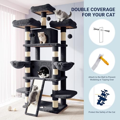 Image of Allewie 82 Inches Large Cat Tree /House /XXL Tall Cat Towers for Big Feline /Scratching Post /Multi-Level Large Kitty Climbing Tree with Condo /Smokey Grey