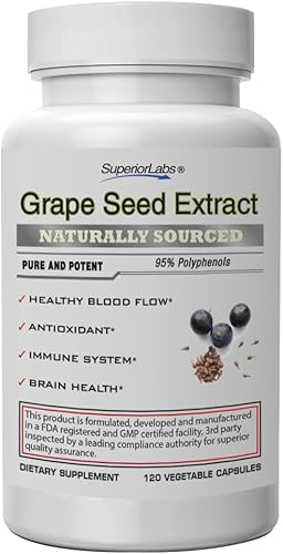 SuperiorLabs - Extracto de semilla de uva - 95% de polifenoles - 400 mg, 120 cápsulas vegetales - Alto contenido de antioxidantes - Flujo sanguíneo