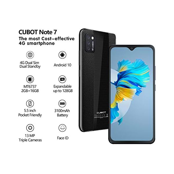 Phone-Unlocked-CUBOT-Note-7-4G-Smartphone-Unlocked-Android-10-2GB-RAM16GB-ROM128GB-Extendable-by-TF-Card-55-Inch-Dewdrop-Screen-Three-Card-Slots-Black CUBOT Phone Unlocked, Note 7 4G Smartphone Unlocked, Android 10, 2GB RAM+16GB ROM,128GB Extendable by TF Card, 5.5 Inch Dewdrop Screen, Three Card Slots (Black)