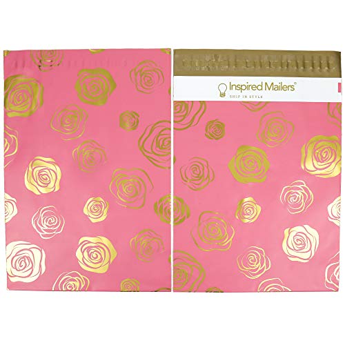 Image of Inspired Mailers - Poly Mailers Variety Pack - Gold Roses Deluxe - 30 (10 Each: 6x9, 10x13, 14.5x19 Sizes) - 3.15mil Unpadded Mailing Envelopes