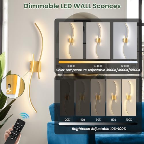 Image of CANEOE Battery Operated Wall Sconce Set of 2, 18000mAh Gold Rechargeable Wall Lights with Remote Control,3000K-6000K Dimmable LED Wireless Wall Light for Living Room Bedroom Hallway,39.3 Inch (Gold)