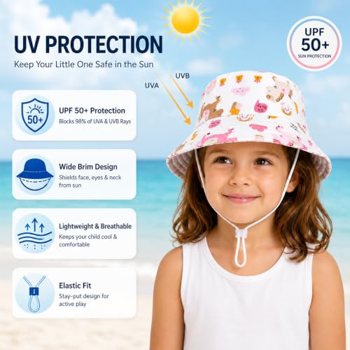 Image of VRITRAZ Unisex Kids Printed Bucket Hat | UV Protection Sun Hat with Adjustable Chin Strap & Summer Beach Travel Outdoor Cap for Toddlers & Children (4-12 Years)