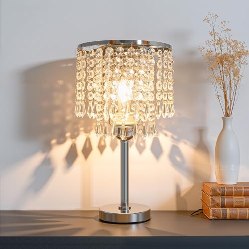Charocean Lampada da comodino in cristallo - Lampada da tavolo in cristallo - Paralume con lampada da comodino rotonda E27 - Per camera da letto, soggiorno, cameretta da bambina - Bianco