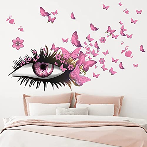 Creative Beautiful Girl Eyes Wall Sticker, Pink Flying Butterfly Wall Decals, Girl Long Eyelashes Heart Décor, Diy Art Vinyl Mural For Couple Lovers Girls Bedroom Living Room Decoration #TOP4