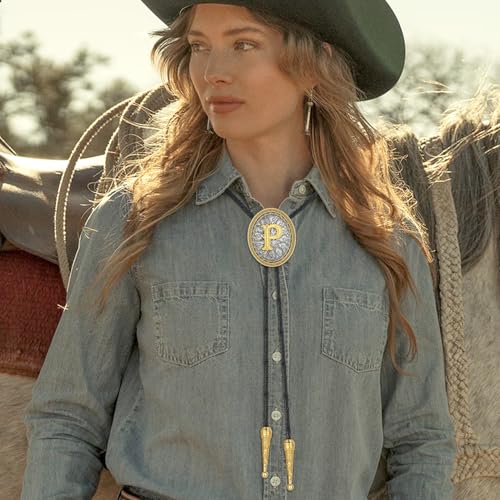 Image of HUABOLA CALYN Bolo tie for Men, Western Cowboy Golden Alphabet Initial Letter ABCDJMR to Y Costume Bolo ties Neckties