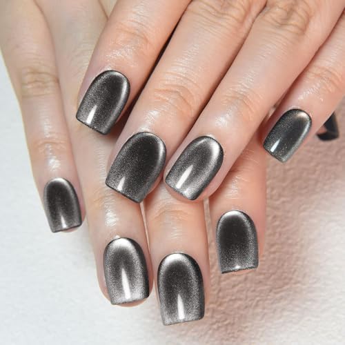 evpct Black Silver Cat Eye Press on Nails Short Square, Short Squ...