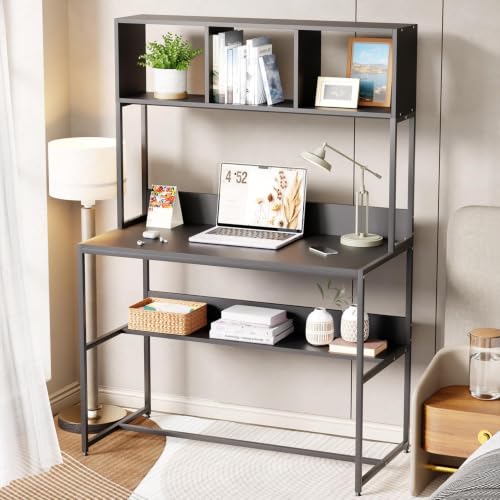 Image of Lukzer Wooden Study Table with Bookshelf & Hutch | MST-011 /Black & Black | Engineered Wood & Metal Office Desk with 3 Storage Shelf for Home | Writing & Computer Table for Laptop (105x103x50 cm)