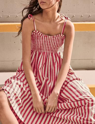 Image of Lentta Women's Striped Smocked Maxi Dress Causal Spaghetti Strap Stretchy Flowy Swing Long Dress with Pockets