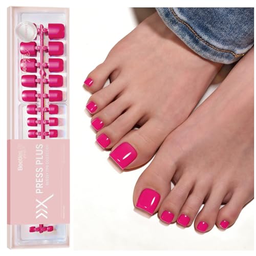 Image of Beetles X Press Pink Toenails - Berry Pie | Hot Pink Short Square Press On Toe Nails | 150 Pcs 15 Sizes Natural Salon Quality Gel Nail Tips For Women
