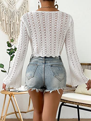 Verdusa Women's Tie Front Bell Long Sleeve Crop Cardigan Lightweight Scalloped Knit Tops2