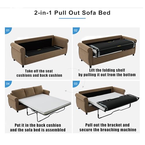 Image of Modern 3 Seat Sofa Couches with Pull Out Queen Memory Mattress Sleeper Bed, 2-in-1 Convertible 3 Seater Sofa Couch W /Rivet Decor and Scroll Armrests for Home Apartment