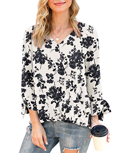 LILBETTER Womens Casual Tie Sleeve Wrap V Neck Chiffon Blouses Tops Shirts?White Flower Black Medium?