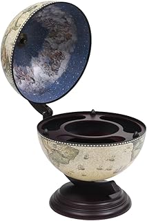 QZZCED Vintage Globe Bar Stand with 16th Century Nautical Map and Antique Fresco Interior, Eucalyptus Wood Green Tabletop Wine and Spirits Display Cabinet with Rotating Storage