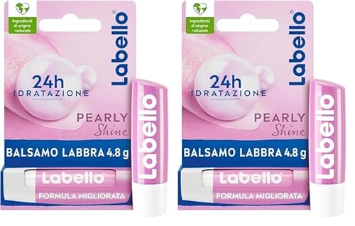 Labello Pearly Shine Burrocacao labbra 4.8 g, Balsamo labbra colorato e nutriente con estratti di perla e seta, Lip balm idratante per 24 ore con ingredienti naturali (Confezione da 2)