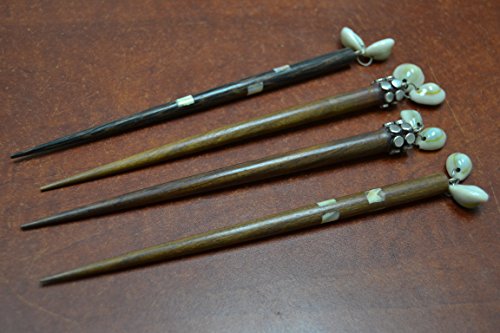 4 Pcs Handmade Carved Wood Hair Stick Pin With Cowrie Shells