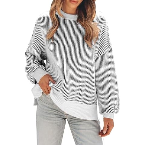 Womens Sweaters Fall 2025 Clothes Oversized Long Sleeve Colorblock Striped Knit Pullover Tops Casual Winter Trendy Outfits(M,Black) Cover