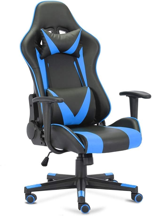 OGEFER Gaming Chair PC Computer Chair Racing Style Ergonomic with Massage Headrest Pillow Lumbar Support Armrest Home Office Swivel Chair Rocking Function 180 Degree Reclining Black Blue