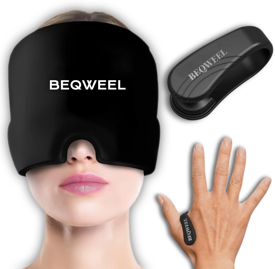 BEQWEEL Migraine Relief Cap & LI4 Acupressure Point Clip for Headache & Tension Relief - Hot & Cold Therapy - Black