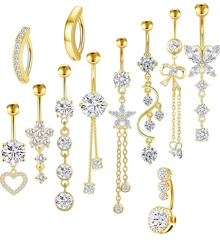 TIANCI FBYJS 11Pcs Gold Belly Button Ring Dangle for Women Surgical Steel Hoop Clicker Belly Button Piercings 14G Navel Ring Heart Butterfly Flower Dangly Belly Piercing Jewelry (gold color)
