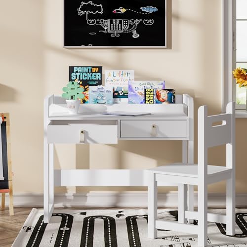 image for Treocho Kids Desk and Chair Set, Study Desk for Kids with Drawers, Woo
