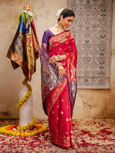Image of SIRIL Women's Paithani jacquard Silk Saree |Chandrakor Paithani jacquard Saree With Unstitched Blouse Piece