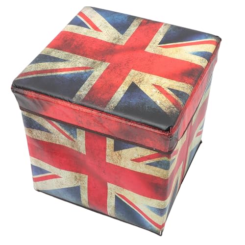 FUOYLOO Taburete Otomano Plegable para Almacenamiento, Caja de Taburete Diseño Bandera Británica, Gran Capacidad, Color Vintage Envejecido, Adecuado para Sala de Estar, Dormitorio