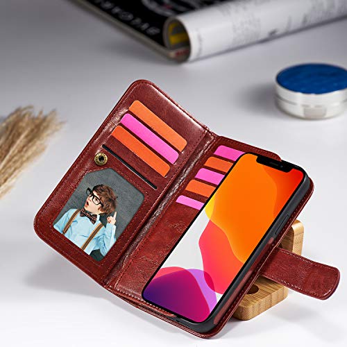 Urvoix for iPhone 12 Case, 12 Leather Wallet Case, Flip Card Holder Cover with Detachable Magnetic Case, Wrist Strap for iPhone 12 Phone Case(6.1-inches Display), Brown